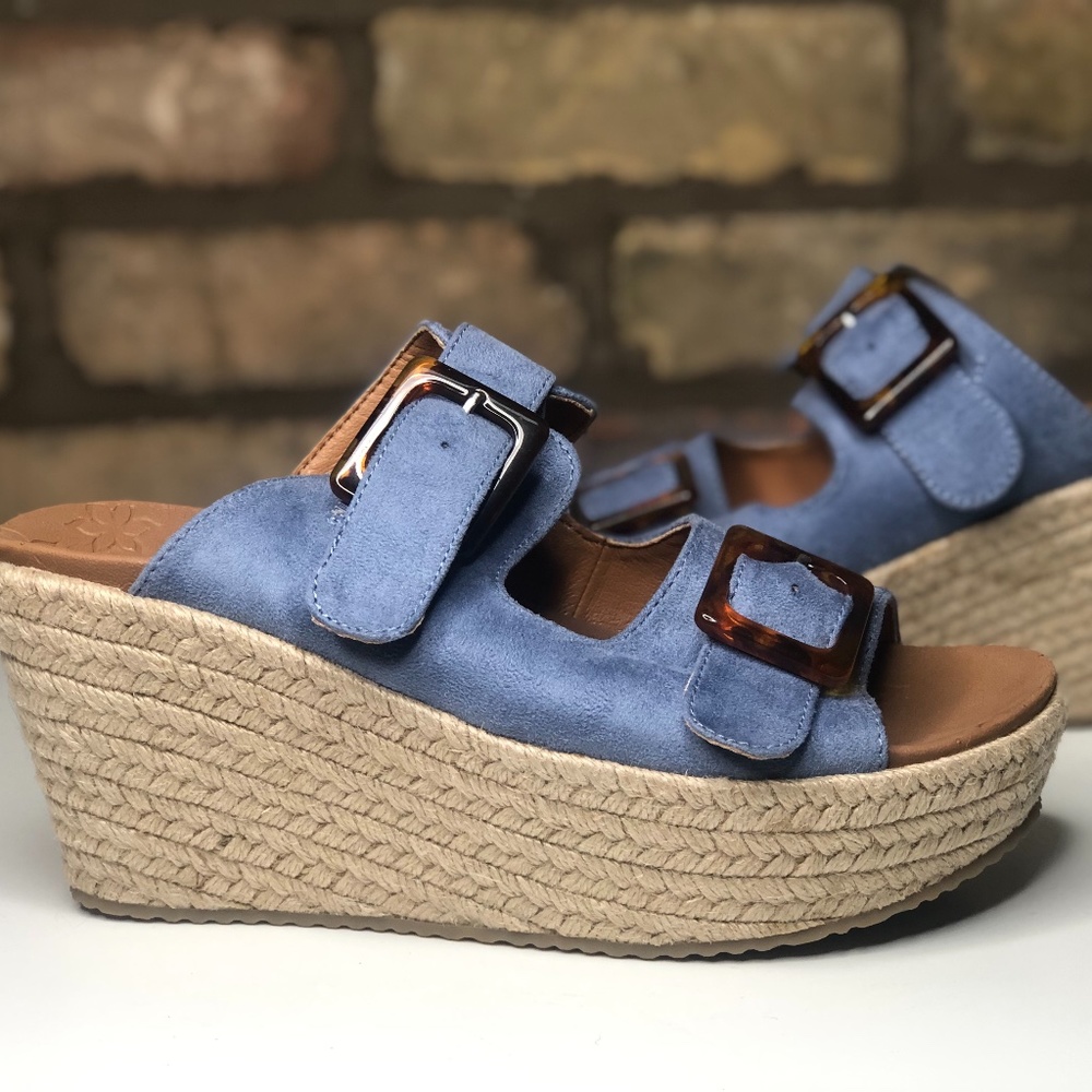 SKECHERS Luxe Foam Wedges Espadrille Sandal Baby Blue Suede Brown Buckle Strap
